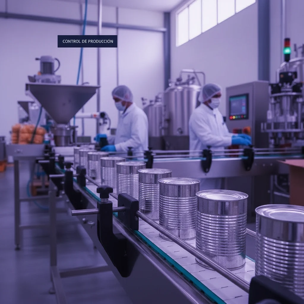 Línea de producción de alimentos enlatados, con dos operarios supervisando el envasado
