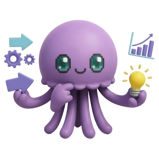 Mascota de CI Soluciones rodeada de engranajes, flechas, una gráfica y un foco