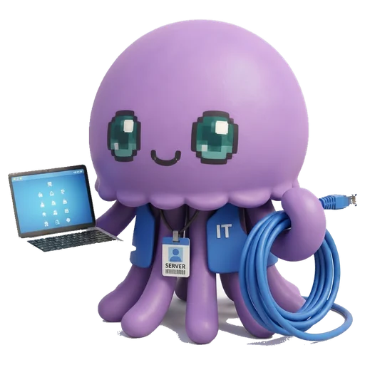 Mascota de CI Soluciones con una laptop, gafete de soporte y un cable de red